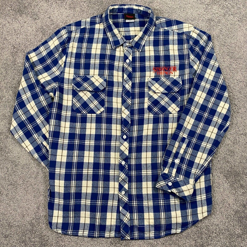 Stranger Things Shirt Men's XL Blue White Tartan Plaid Flannel Netflix Horror